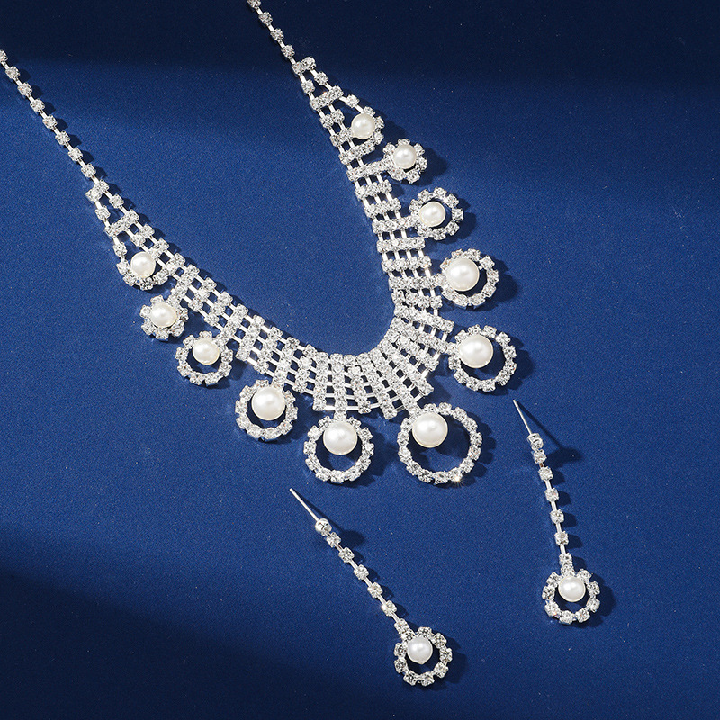 Pearl Rhinestone Necklace Earrings Set Wedding Party Dress Zinc Alloy Jewelry Accessories For Women