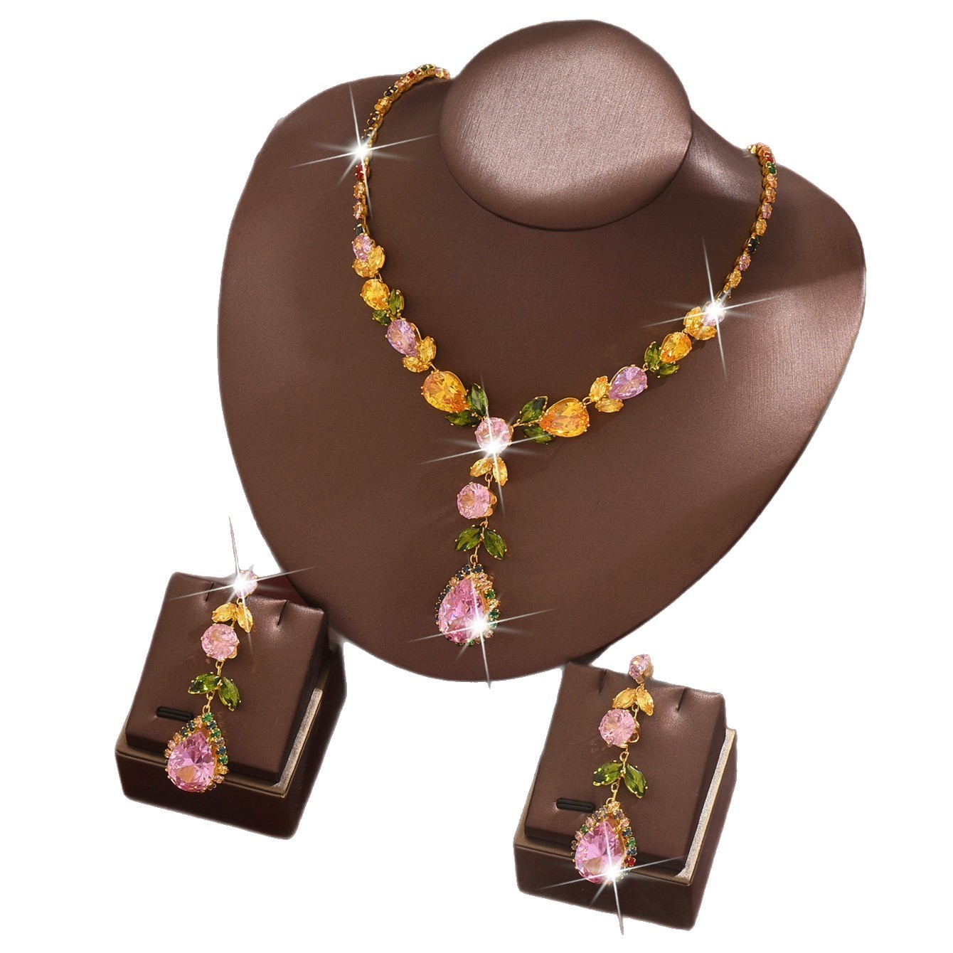 Luxurious Rainbow Zircon Heart Necklace Earrings Set Elegant Dinner Wedding Dress Accessories Fashionable Jewelry Combo For Women
