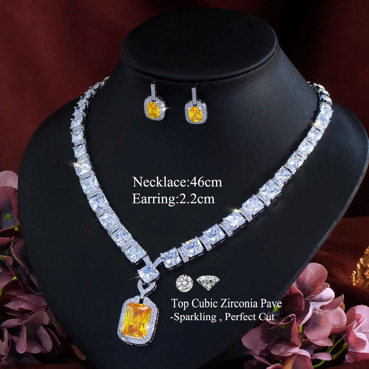 Expensive Nice Yellow Cubic Zircon Big Square Drop Earring Necklace Sets For Women Luxury Wedding Party Jewelry