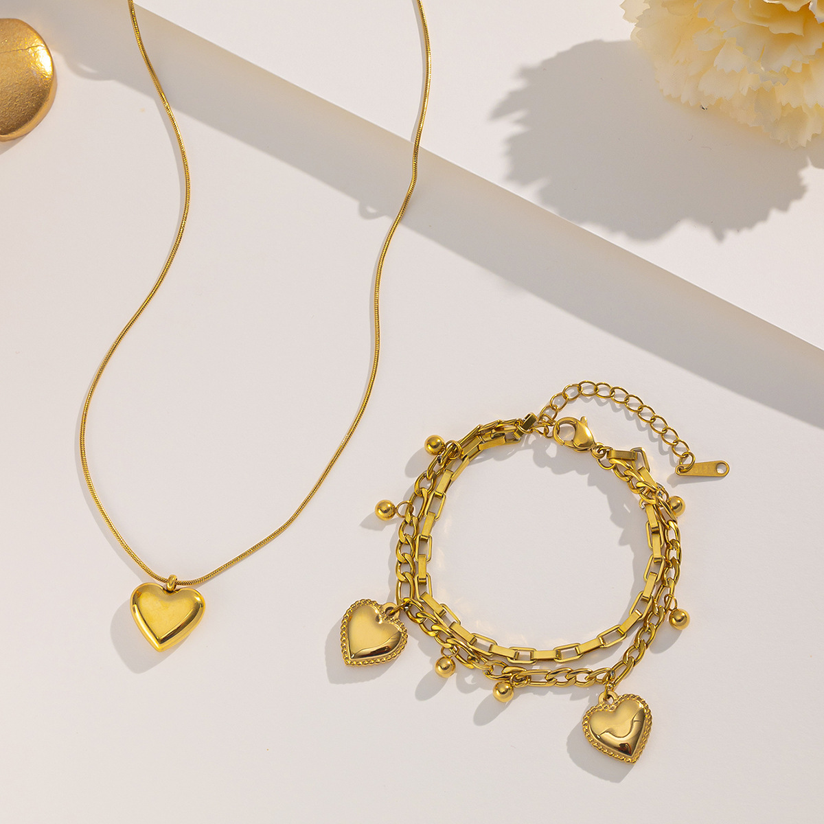Gold Heart-shaped Necklace Bracelet Set Snake Bone Chain Design Fashion Stainless Steel Vintage Style Jewelry Accessories