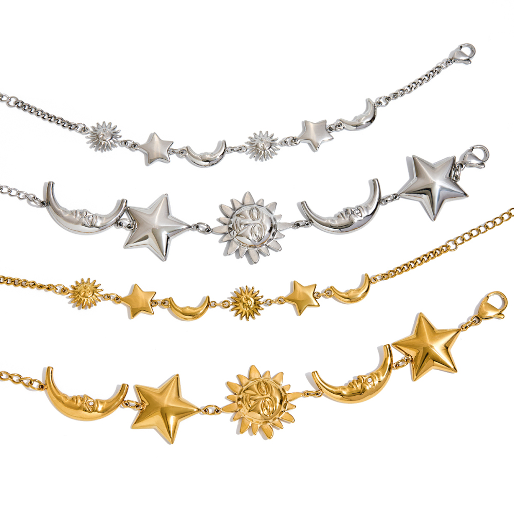 304 Stainless Steel Sun Star Moon PVD Coated Real Gold Plated Novelty Ethnic Style Waterproof Non Tarnish Surgical Steel Cuban Link Chain Curb Chain Safety Clasp Closure Bracelets
