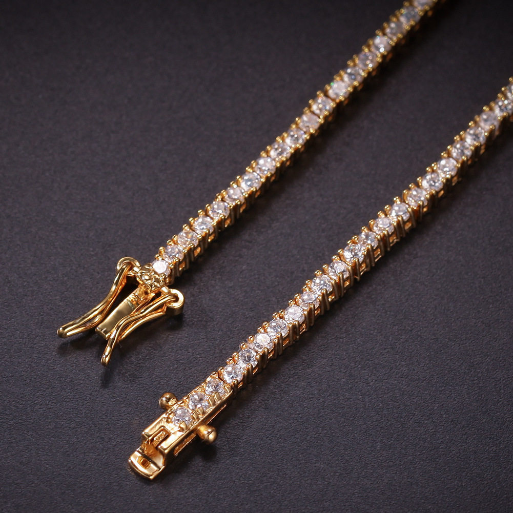 European And American Hip-Hop Tennis Necklace Bracelet Exquisite Single Row Zircon Men's Unisex Copper Geometric Pattern Real Gold Plated Vacuum Electroplating INS Style Classic Ring