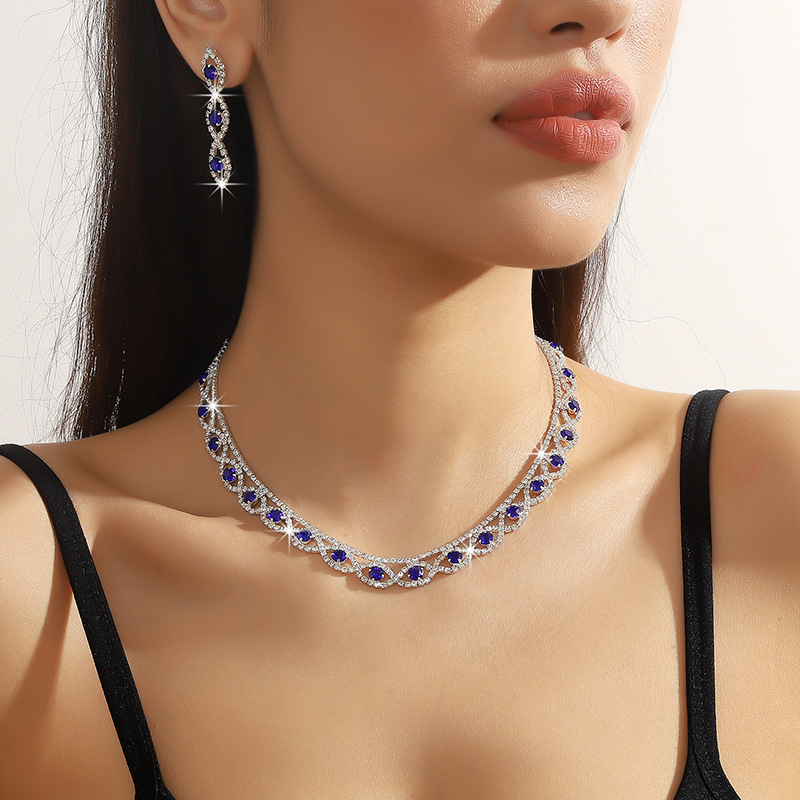 Simple Full Diamond Claw Chain Necklace And Earrings Set Bridal Wedding Accessories Multifunctional Titanium Steel Star
