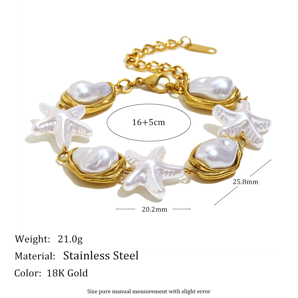 Elegant Stainless Steel 18K Gold Plated Pearl Starfish Bracelet Fashionable Geometric Pattern Women's Jewelry Accessory