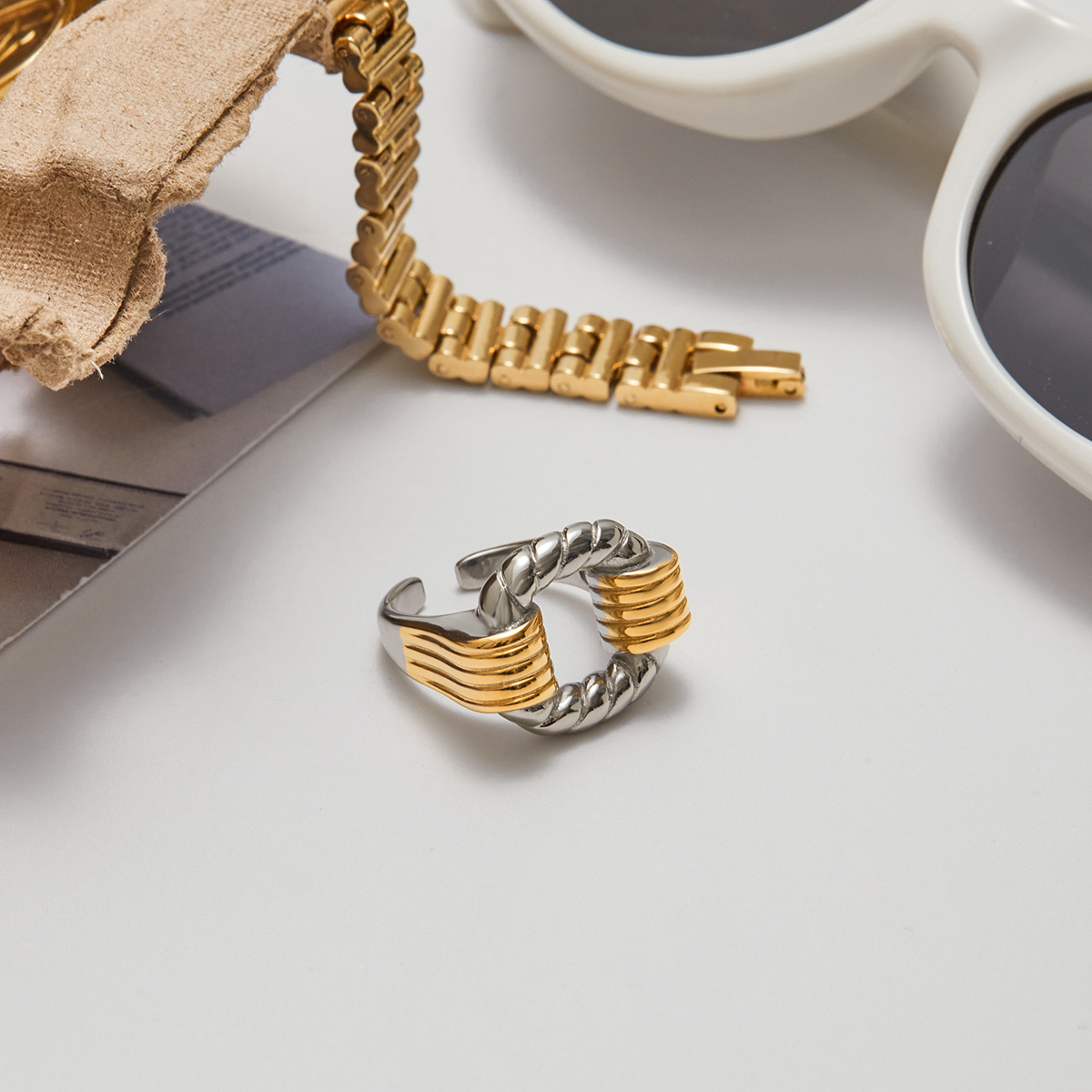 Ladies Classic Style Stainless Steel Hollow Out Open Ring Gold And Silver Color Block Twisted Wire Design Adjustable Size