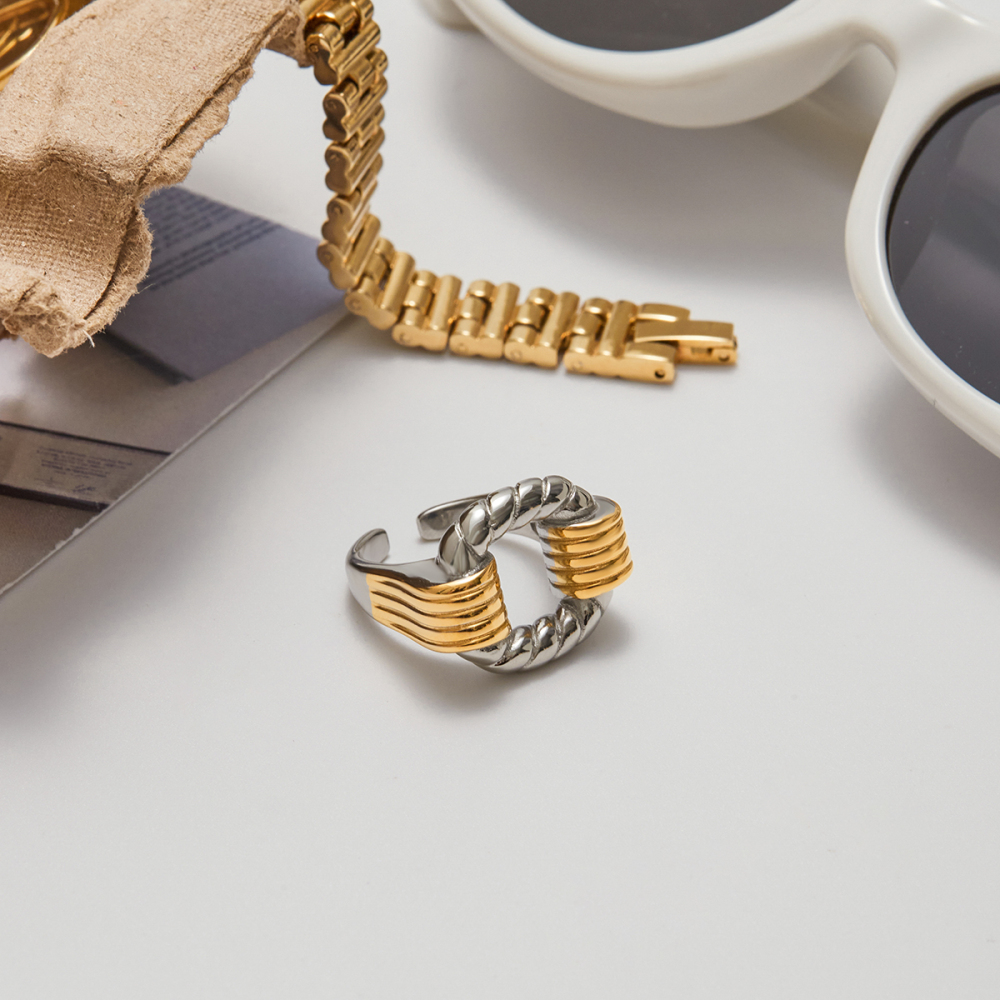 Ladies Classic Style Stainless Steel Hollow Out Open Ring Gold And Silver Color Block Twisted Wire Design Adjustable Size