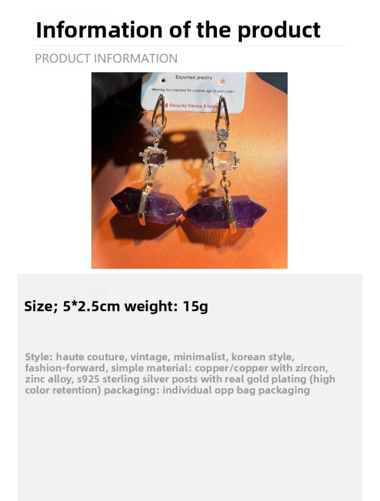 Natural Stone Earrings Amethyst Simple European Style Copper Inlaid Zircon Creative Vintage Fashion Jewelry Accessories