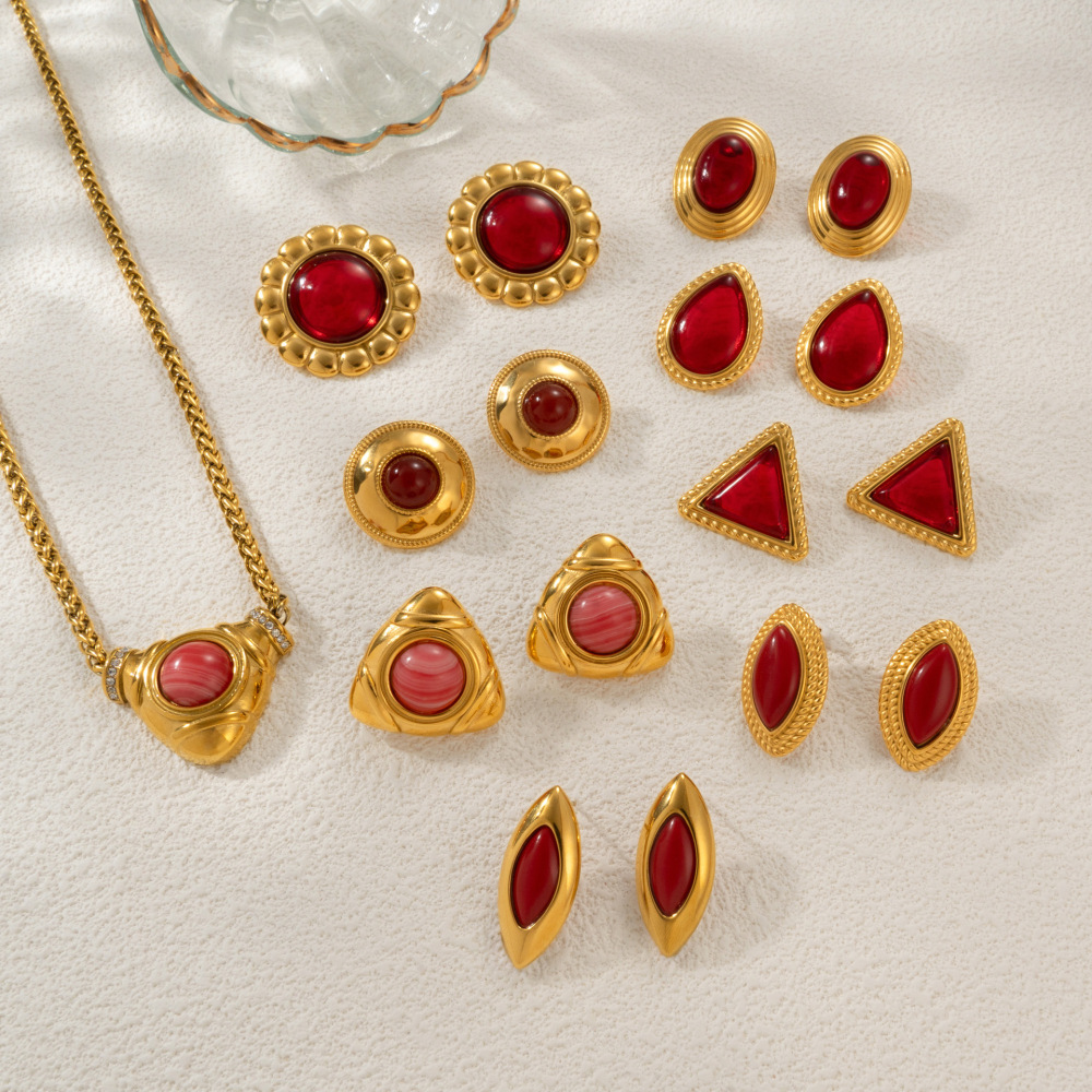 Red Ruby Necklace Earring Set Luxury Sensation 18K Stainless Steel Geometric Pattern Casual Style Women's Jewelry Accessories