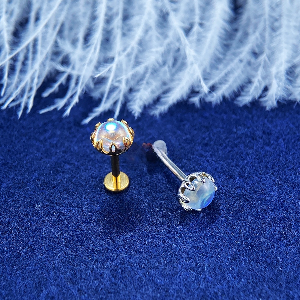 G23 Titanium Alloy Flat Bottom Moonstone Ear Studs Lip Tunnels Buried Nuts Body Piercing Jewelry Unisex Fashion Accessories