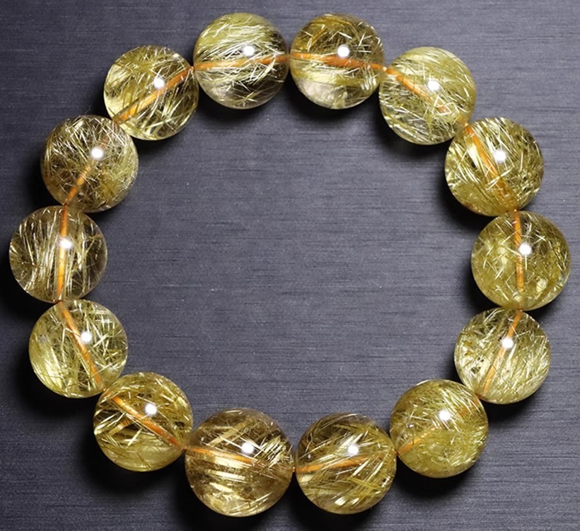 Natural Brazilian Gold Hair Crystal Bracelet Unisex Yellow Quartz Titanium Crystal Geometric Pattern Polished Design Chinese Style