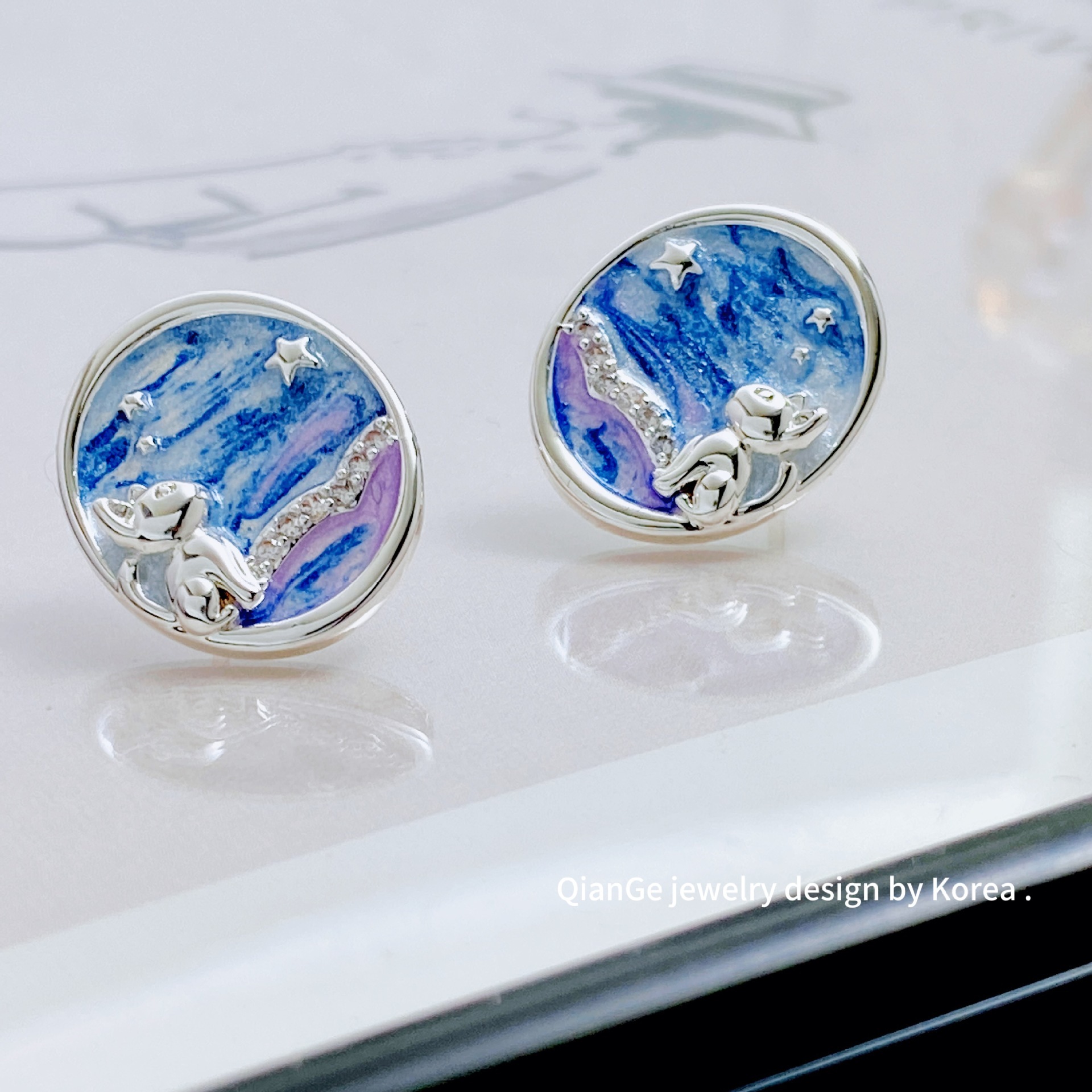 Aneibeni Van Gogh's Starry Night Enamel Drip Glaze Oval Earrings S925 Silver Needle Personality Fashionable Women's Jewelry