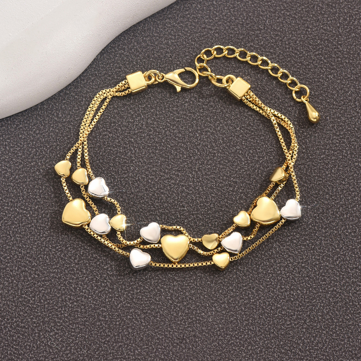Multi-Layer Geometric Heart Shaped Women's Fashion Copper Bracelet Plated In Gold And Silver Ins Style Flexible Hand Accessory