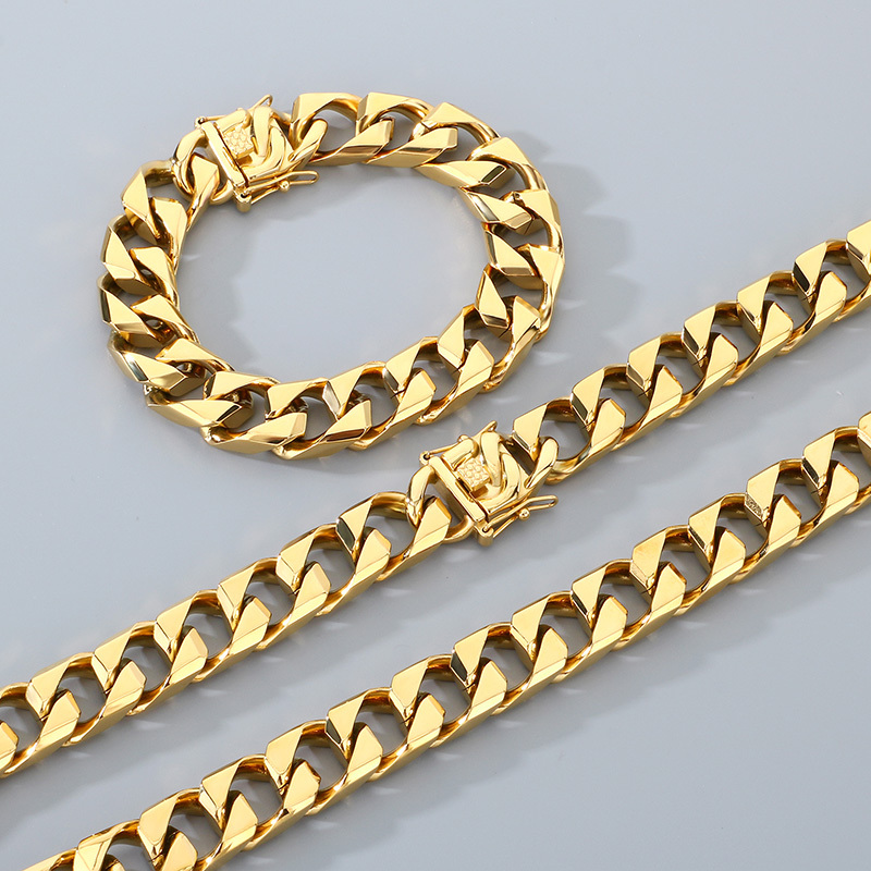 Trendy Titanium Steel Cuban Link Necklace Men's Simple Stainless Steel Jewelry Fashionable Geometric Pattern Vacuum Plated 18K Gold