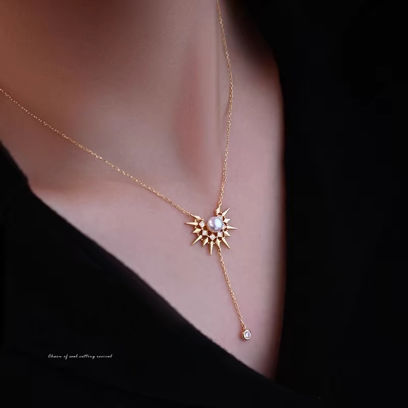 Original Design Pearl Sunflower Tassel Necklace Women's French Vintage Luxury Sensation Clavicle Chain Waterdrop Pattern