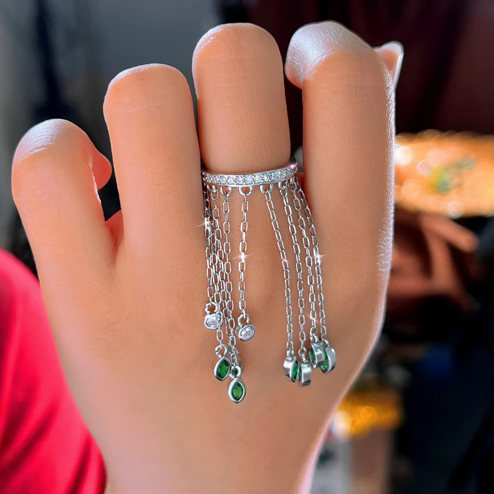 Copper Ring Women Luxury Green Cubic Zirconia Ultra Long Tassel Pendant Ring Fashion Party Dress Jewelry Accessories