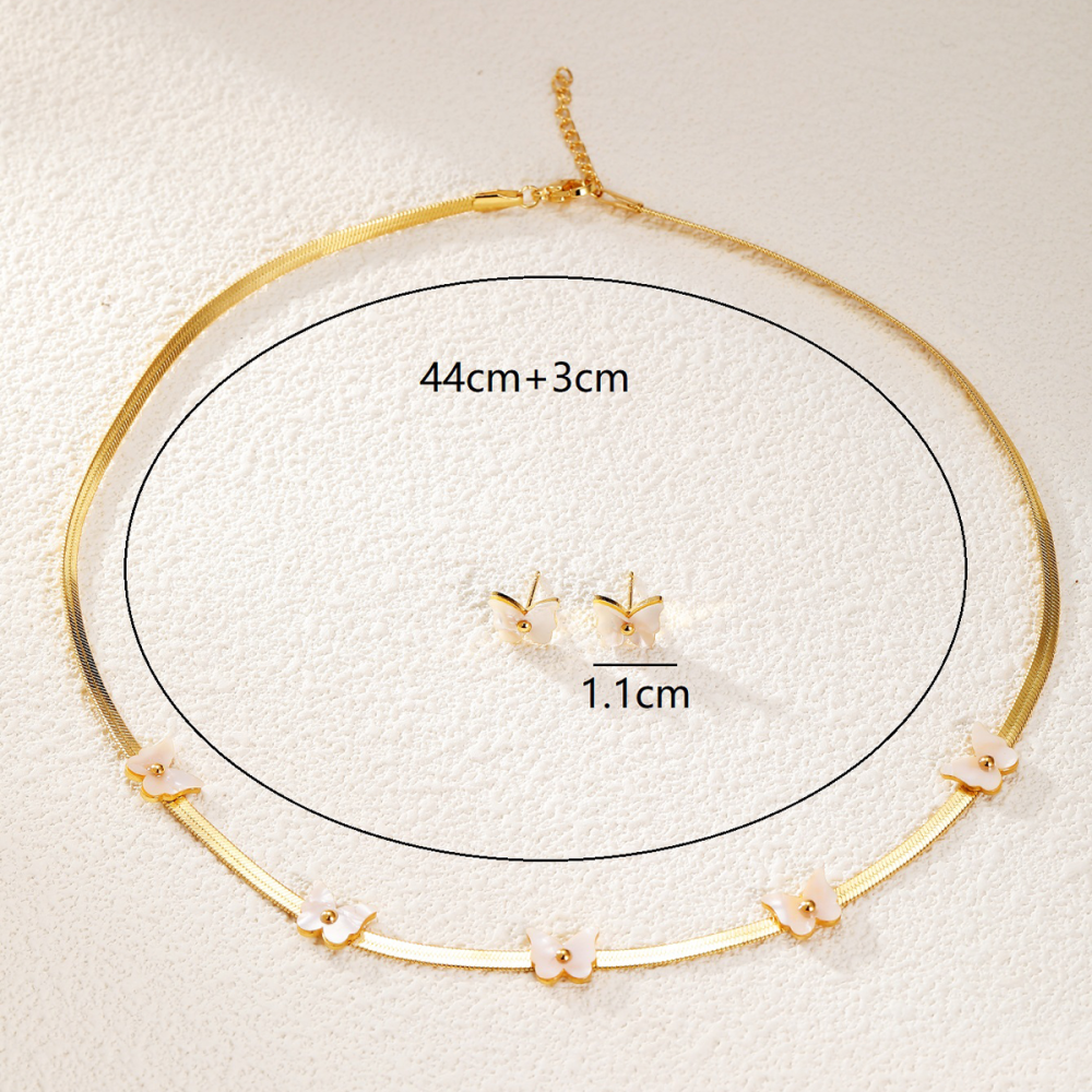 2-Piece Stainless Steel Inlaid Shell French Fresh Elegant Girly Pendant Earrings Butterfly Shape Women's Set Suitable For Daily Commuting Best Friend Gathering Jewelry Accessories