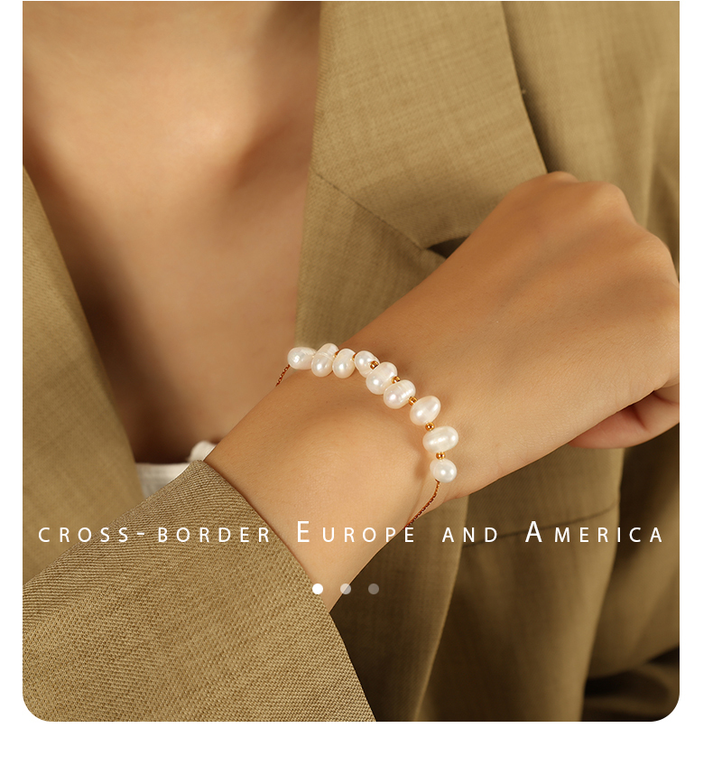 Women's 304 Stainless Steel Ion Plating (IP) 18K Gold Plated Beaded Polishing Plating Oval Freshwater Pearl Bracelets Imitation Pearl Jewelry