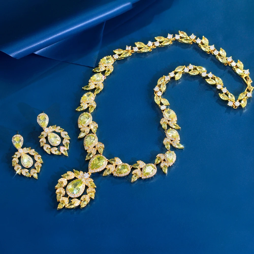 Luxury Olive Green CZ Zircon Big Leaf Necklace 2Pcs Sets For Women Dubai Gold Color Wedding Party Dress Jewelry