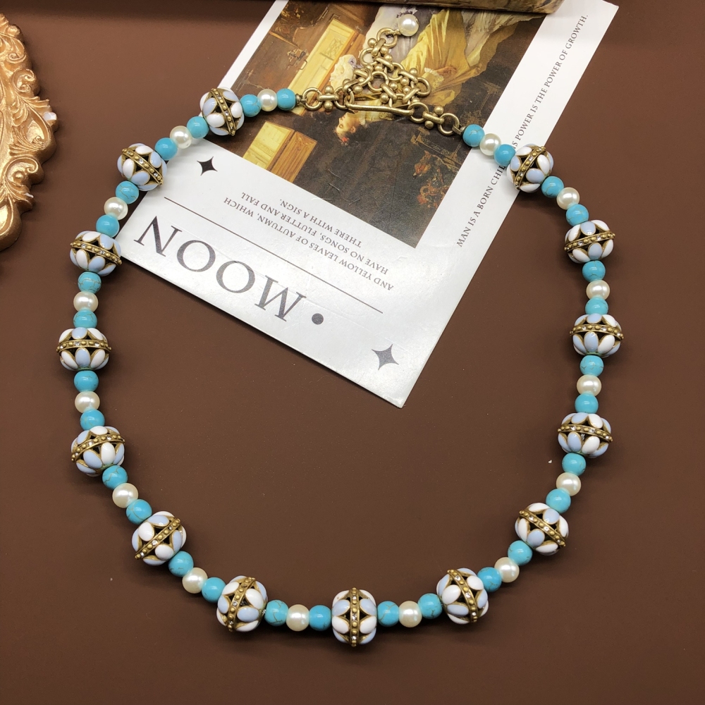 Elegant Green Turquoise Pearl Beaded Necklace And Earring Set Copper Material Women's Fashion Accessories Handmade Romantic