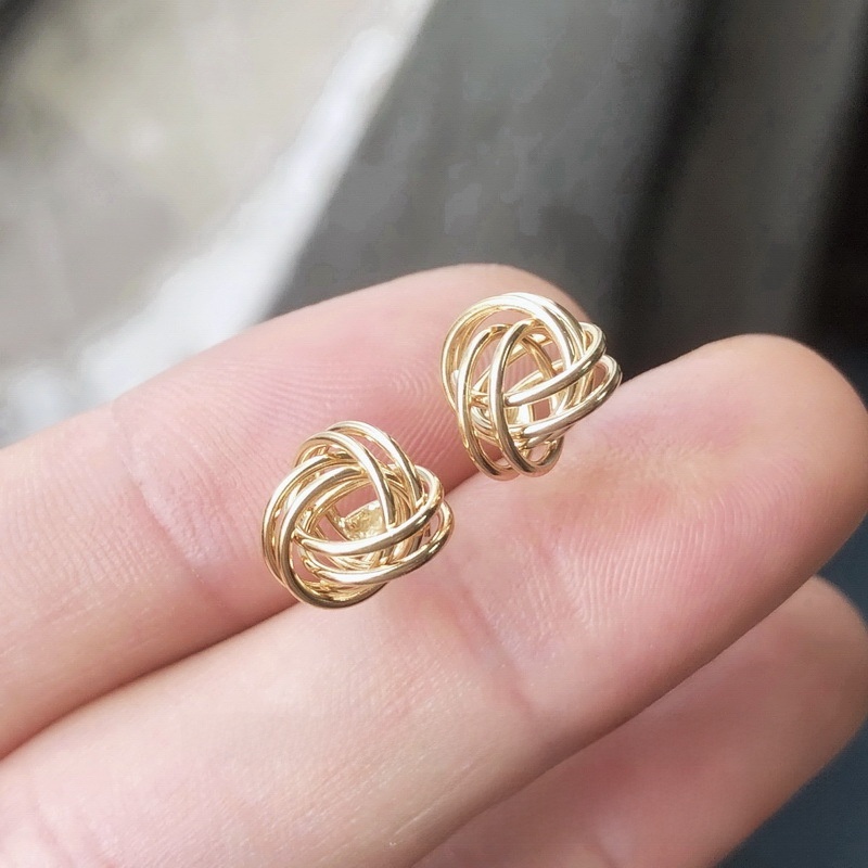 14K Gold Plated Woven Ball Earrings Studs Pendant Hollow Rope Knot Wrapped Coil Earrings DIY Jewelry Accessories