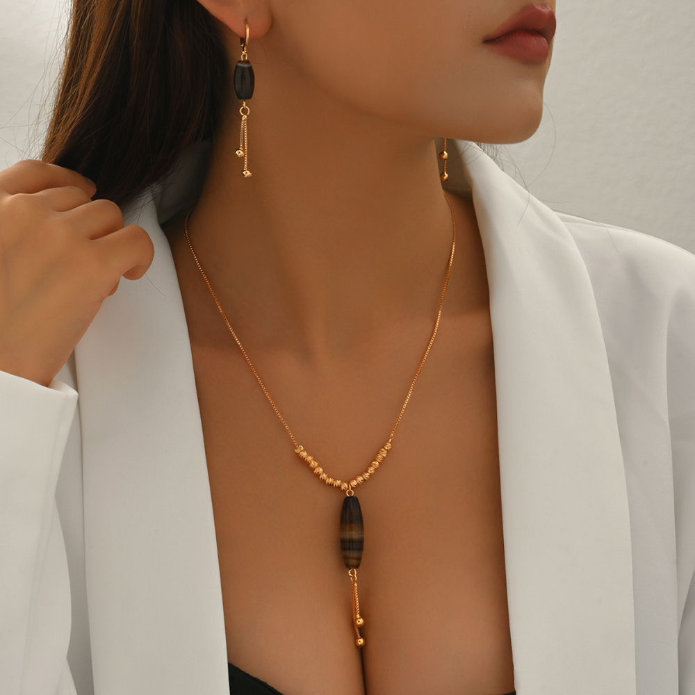 Natural Agate Beaded Necklace Earrings Set Simple Retro Ethnic Style Party Jewelry Accessories Geometric Pattern Tassel