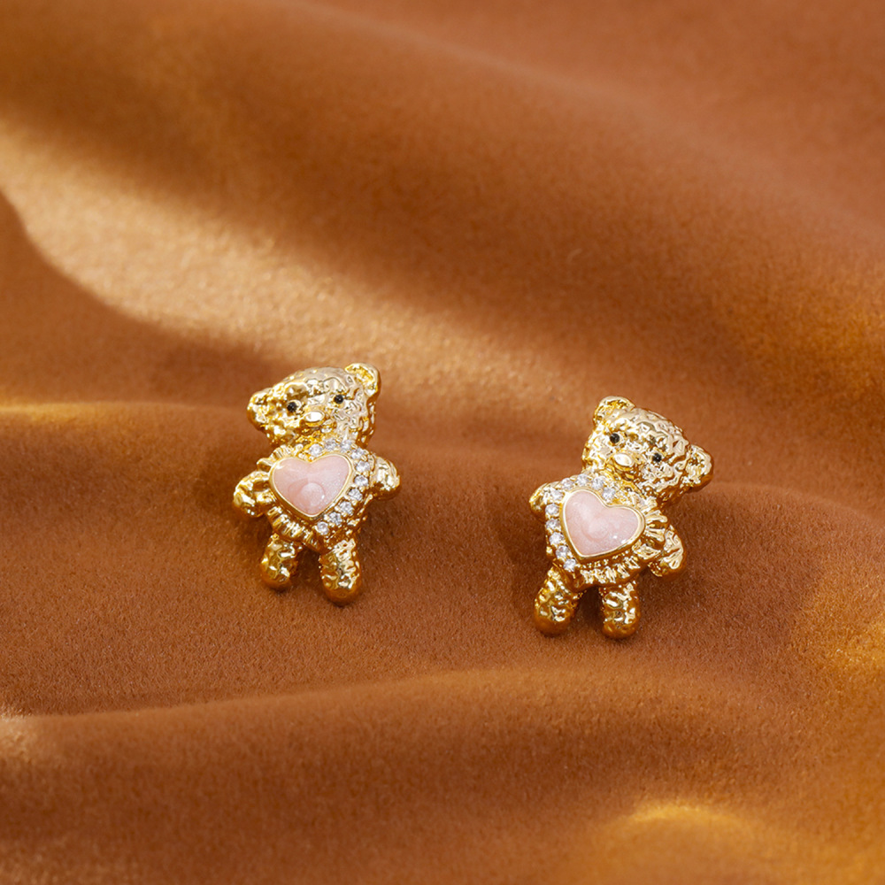 Delicate Bear Design Earrings With Zircon Heart Commuter Sweet Cute Style New Arrival Fashionable Women's Jewelry Accessories