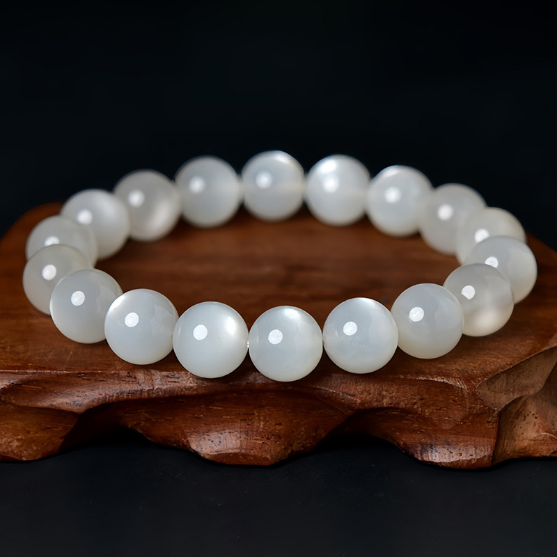 Natural White Moonstone Bracelet Strong Cat's Eye Body Transparent Crystal Gem Classic Round Bead Geometric Pattern Polished