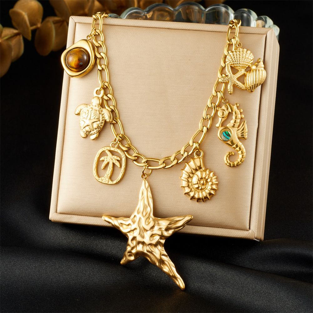 Heavy Metal Gold Plated Starfish Pendant Stainless Steel Marine Life Accessories Necklace