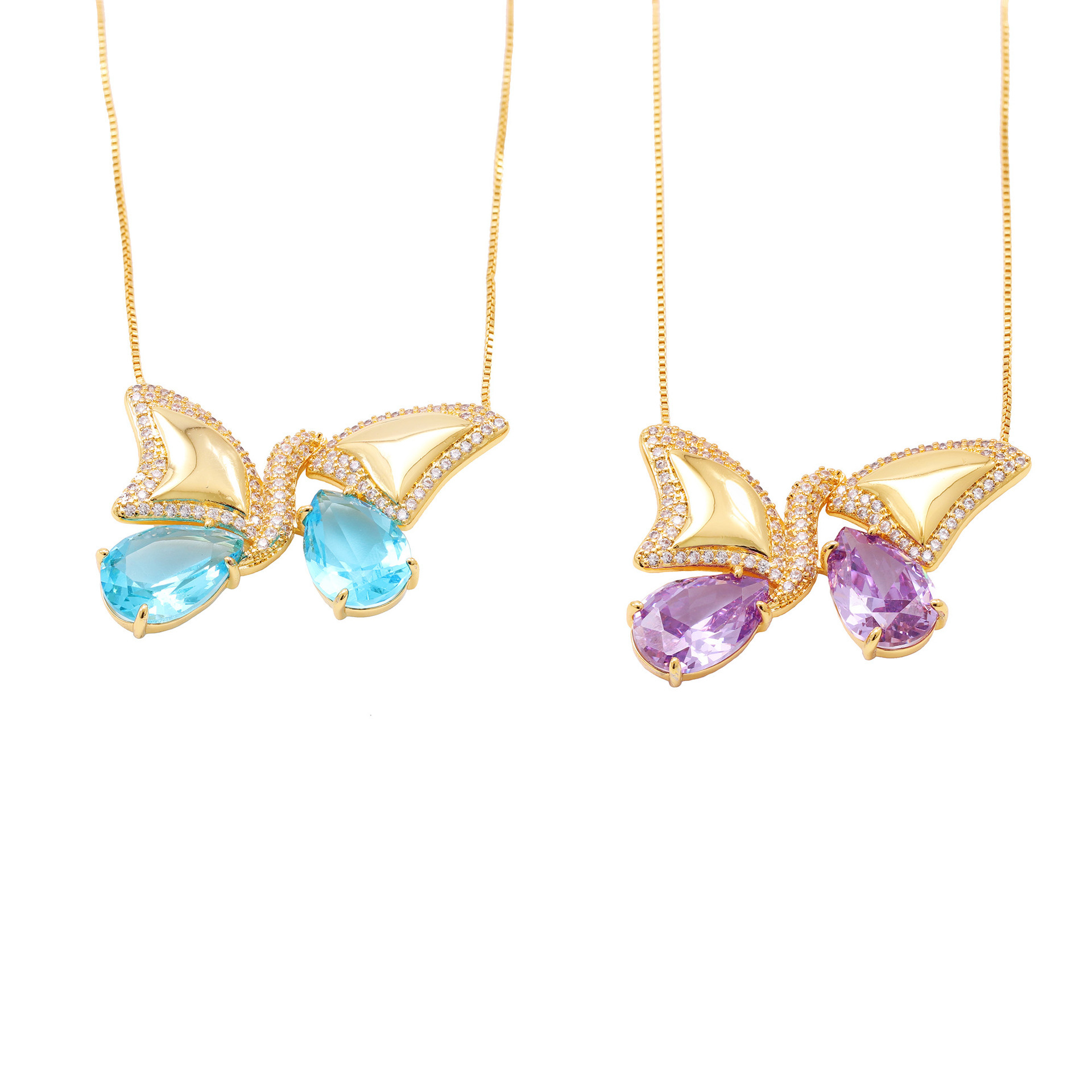 Butterfly Wing Half-and-Half Gold Plated Brass Purple Necklace Earring Set Elegant Dynamic Combination Fashion Jewelry