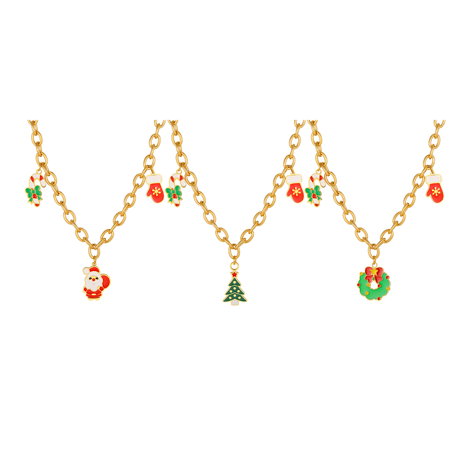 18K Gold Plated 201 Stainless Steel Round Cross Chain Santa Claus Christmas Tree Christmas Stocking Necklace Women's Jewelry Christmas Gift Lobster Clasp