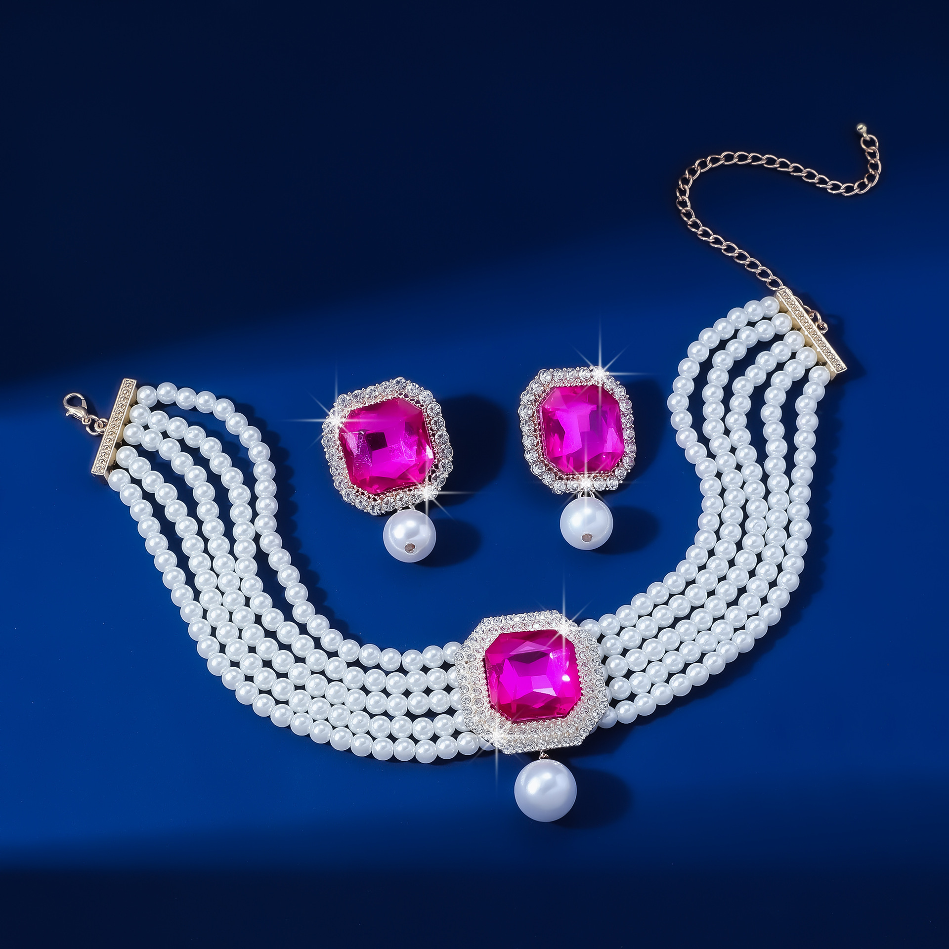 1 Set Glam Luxurious Lady Geometric Heart Shape Artificial Crystal Imitation Pearl Copper Inlay Artificial Crystal Women's Beaded Chain Jewelry Set