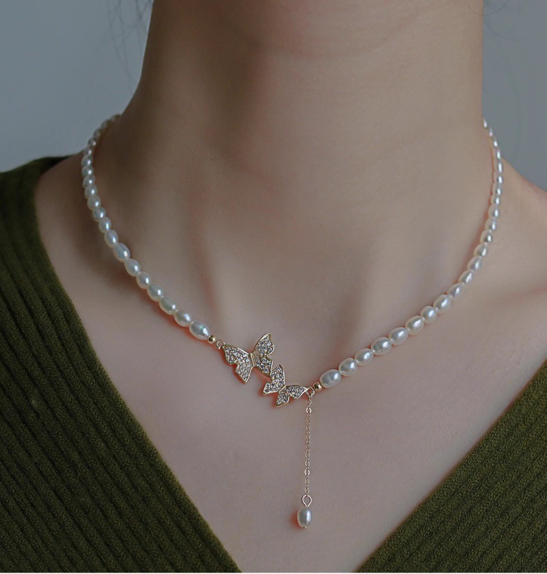 High-Quality Freshwater Pearl Choker Necklace With Natural Strong Light Double Butterfly Tassel Pendant Fashionable Women's Jewelry