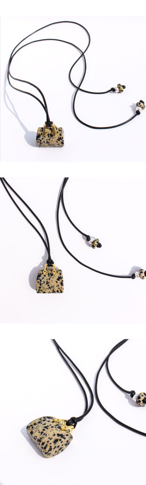 Natural Spotted Tiger Eye Stone Pendant Leather Rope Casual Long Necklace Adjustable Self-tying Sweater Chain Fashionable Ladies Holiday Style Accessories
