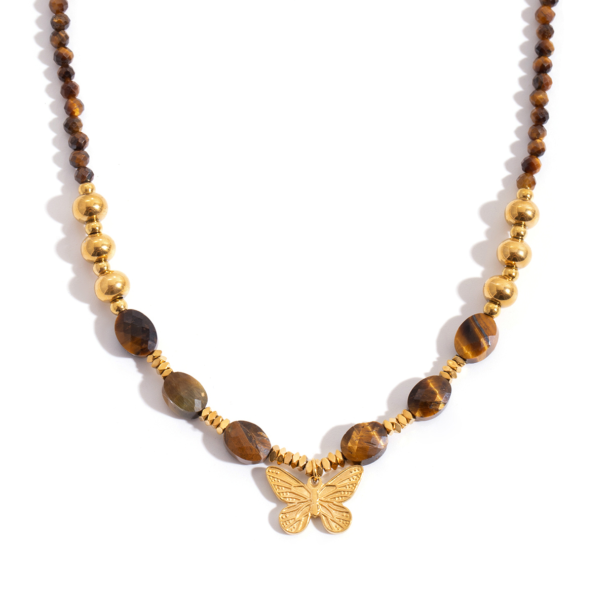 Ladies Classic Style 18K Gold Stainless Steel Butterfly Pendant Tiger Eye Stone Beaded Necklace 42+5CM Butterfly Chain Design