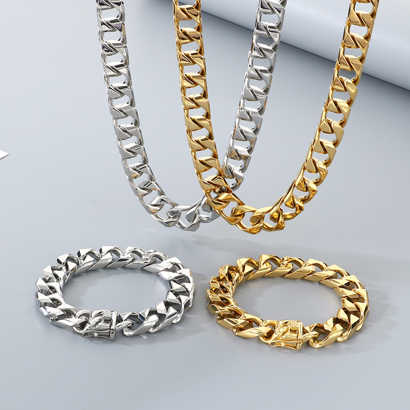 Trendy Titanium Steel Cuban Link Necklace Men's Simple Stainless Steel Jewelry Fashionable Geometric Pattern Vacuum Plated 18K Gold