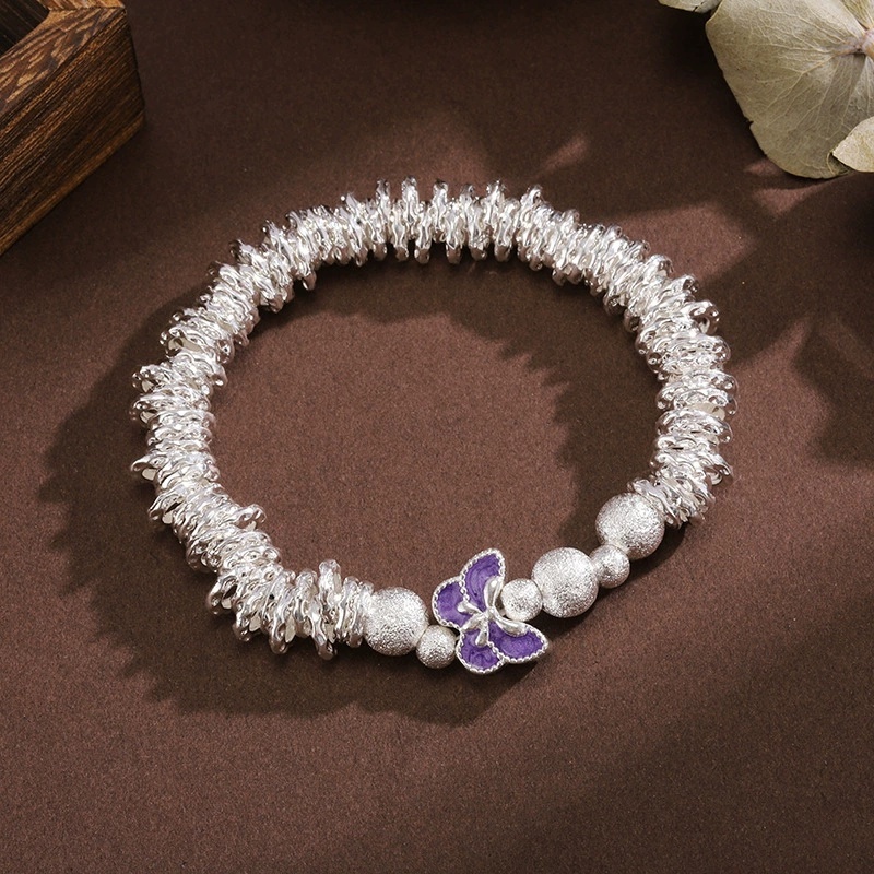 Universal Electroplated Silver Geometric Pattern Enamel Flower Butterfly Coiled Bracelet For Women Vintage Fragmented Silver Bracelet Small Round Bead Bracelet Copper Ethnic Style