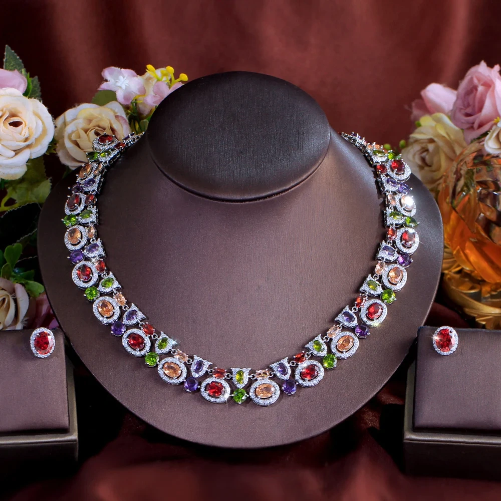 Copper Jewelry Two-Piece Set Luxurious Geometric Multicolor Cubic Zirconia Earrings Necklace Set For Women Bohemian Party Wedding Costume Jewelry