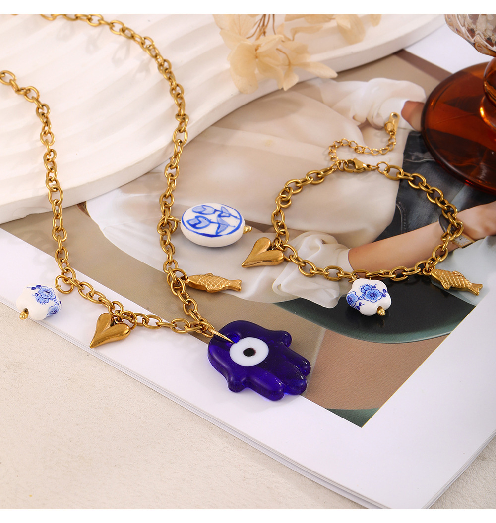 Women's Titanium Steel Vacuum Plating (In Furnace) Palm Eye Heart Flower Necklace Lemon Pendant Jewelry Accessories Light Luxury Fashion