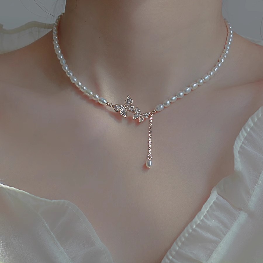 High-Quality Freshwater Pearl Choker Necklace With Natural Strong Light Double Butterfly Tassel Pendant Fashionable Women's Jewelry