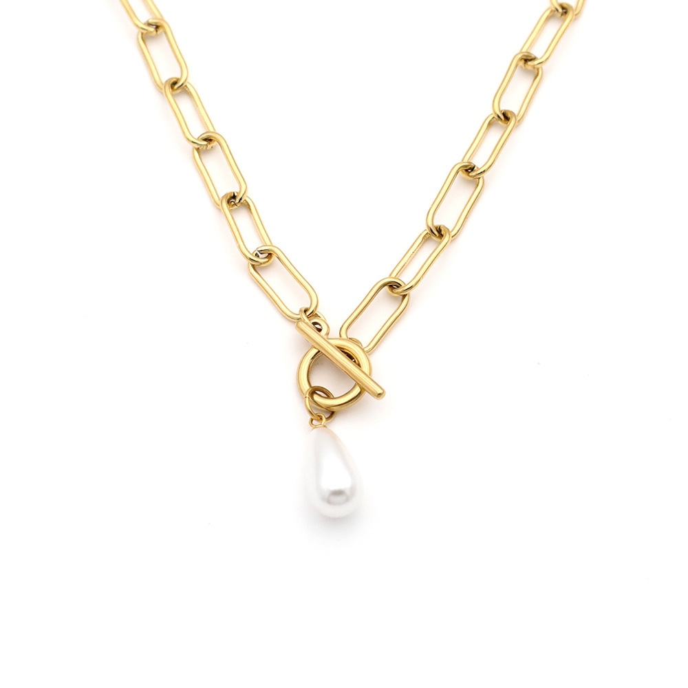18K Gold OT Clasp Geometric Pearl Titanium Steel Women's Necklace With Round Plated Nylon Chain