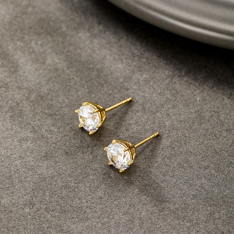 Classy Six-Pronged Single Zircon Earrings Gold Plated 24K Classic Style 12 Pairs Per Card For Women Fashion Jewelry