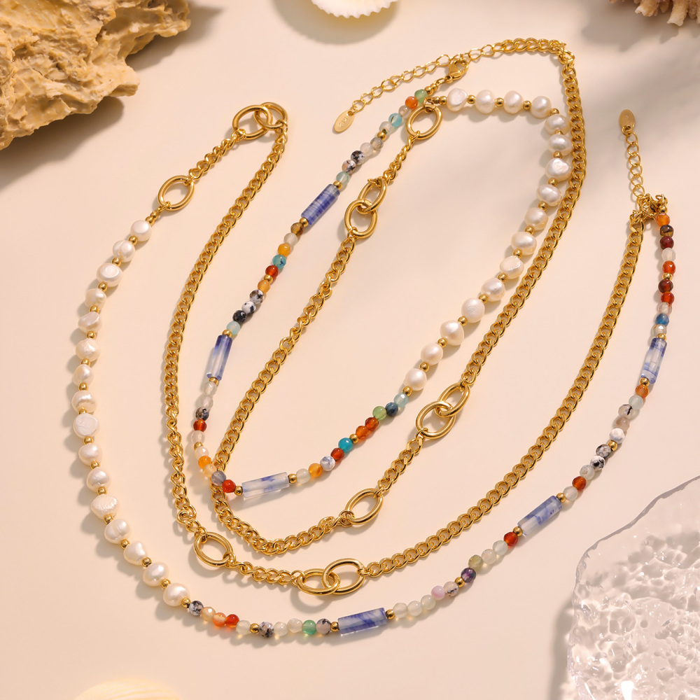 Stainless Steel Cross Pendant Necklace With Multiple Accessories Natural Stone Long Necklace Jewelry For Women Elegant And Glowing