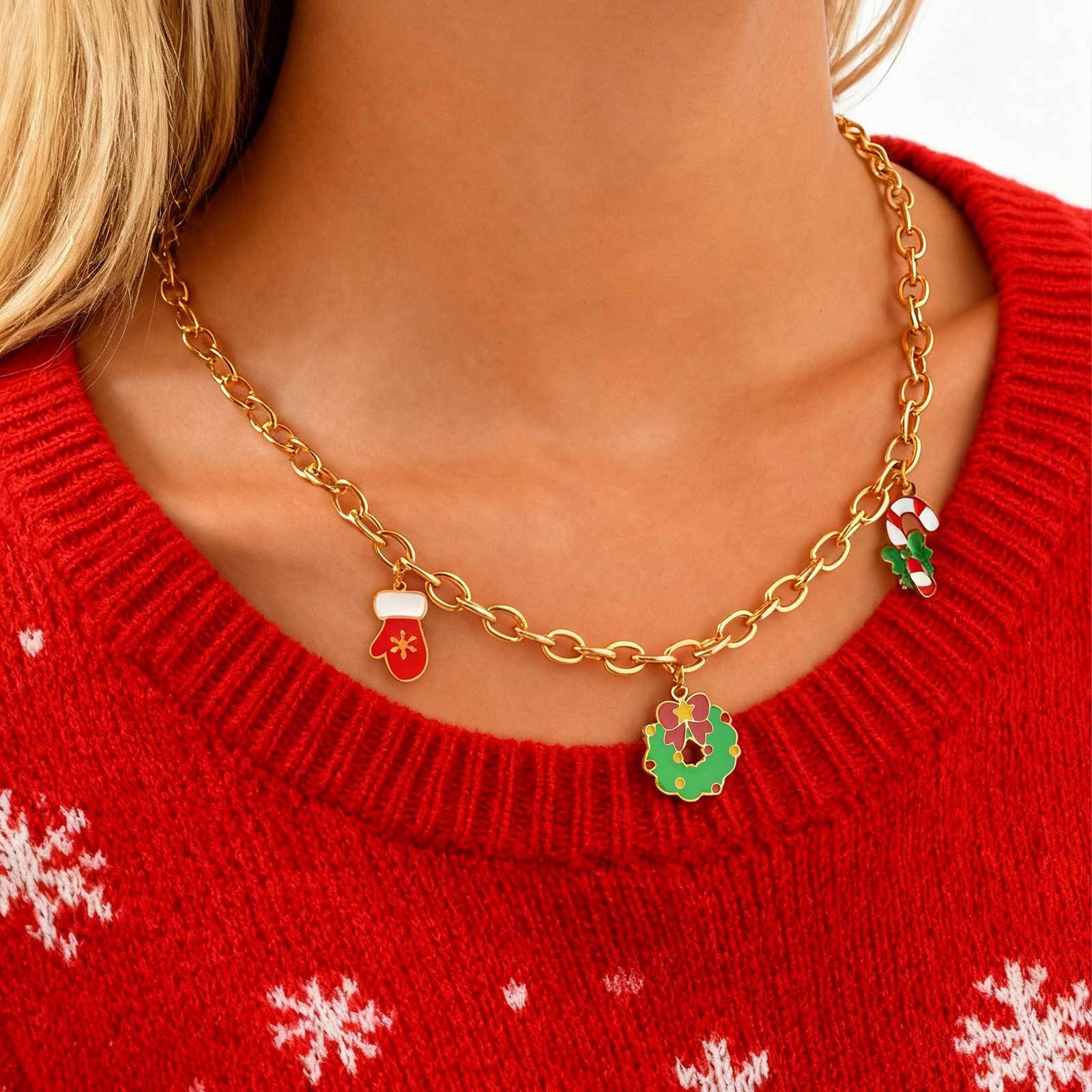 18K Gold Plated 201 Stainless Steel Round Cross Chain Santa Claus Christmas Tree Christmas Stocking Necklace Women's Jewelry Christmas Gift Lobster Clasp