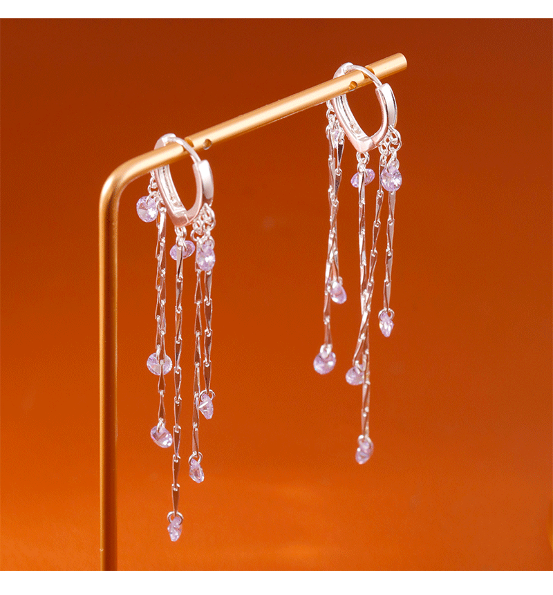 Elegant Long Purple Zircon Tassel Earrings Fashionable Luxury Trendy Versatile High-End Feelings Women's Jewelry Accessories