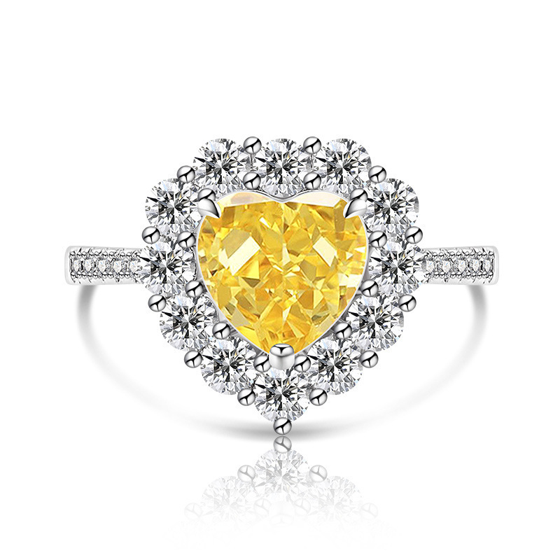 Fashion Heart-shaped Plated Platinum Ring Simple Luxurious Ice Crystal Cut Colored Gemstone High Carbon Diamond Ring Live Streaming Dropshipping