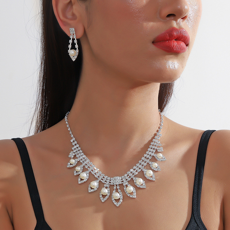 Pearl Rhinestone Necklace Earrings Set Wedding Party Dress Zinc Alloy Jewelry Accessories For Women
