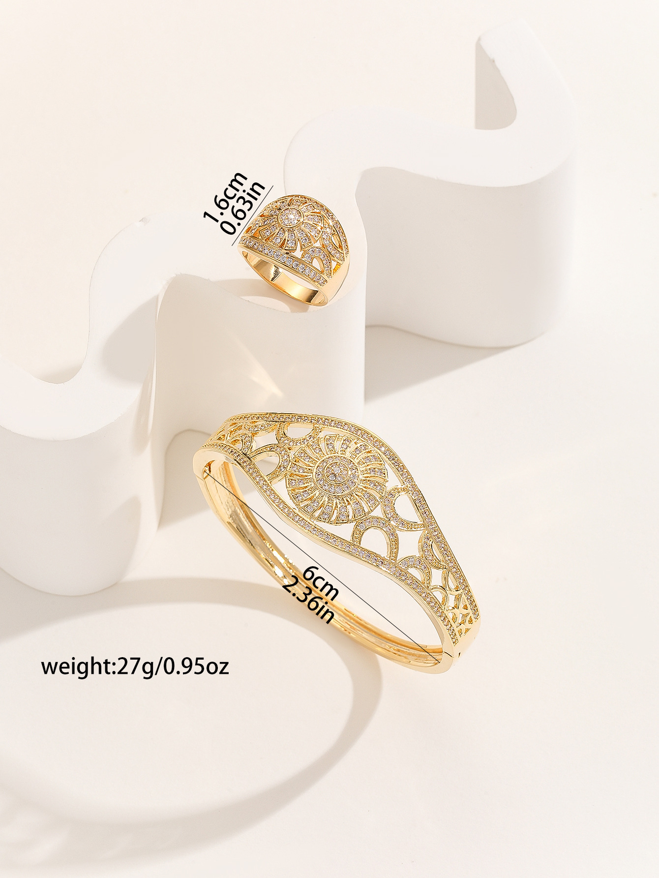 Exclusive New Dongdaemun Women's Middle Eastern Style Micro-Inlaid Hollow Pattern Series Bracelet And Ring Set
