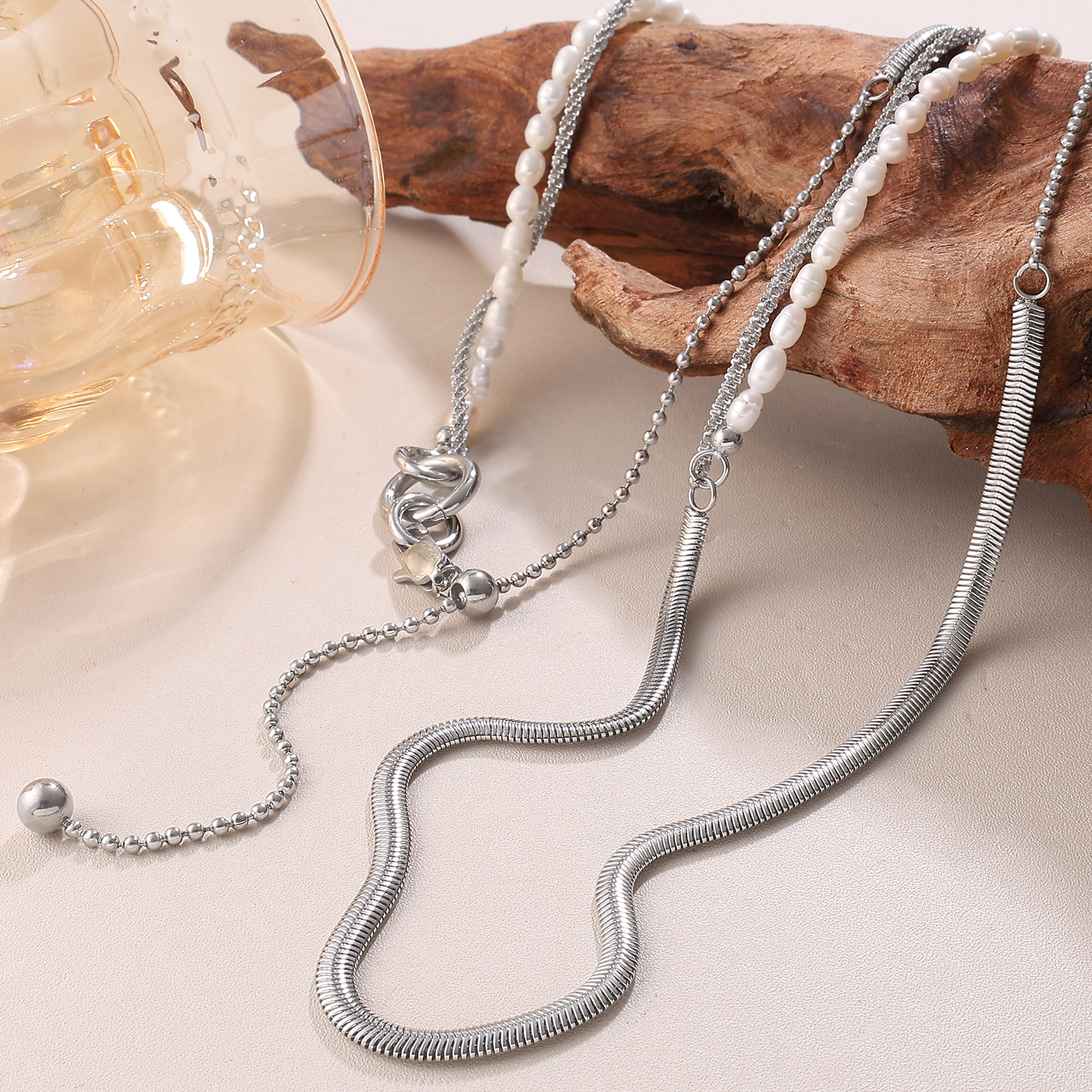 French Retro INS Style Freshwater Pearl Double Layer Necklace Stainless Steel Niche Design High-end Clavicle Chain For Women