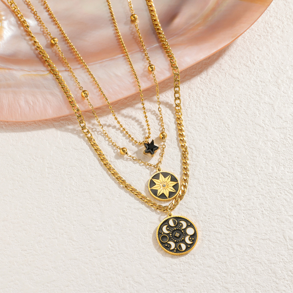 Vintage Multi-layer Starburst Sweater Chain Necklace For Women Stainless Steel Accessories Multi-layer Jewelry Pendant