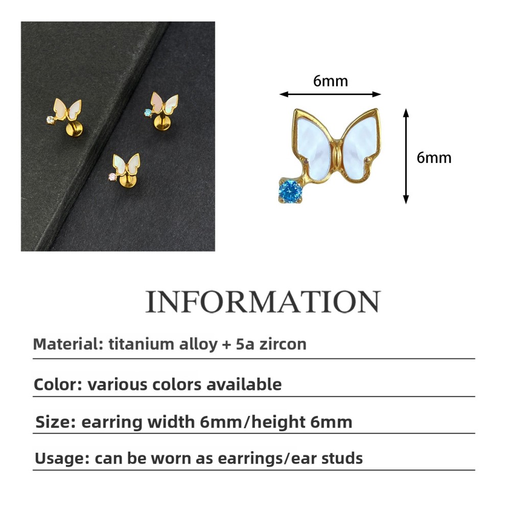 Titanium Alloy Butterfly Ear Studs Shell Inlay Piercing Lip Studs Inner Thread G23 Titanium Jewelry Unisex Fashion Accessories